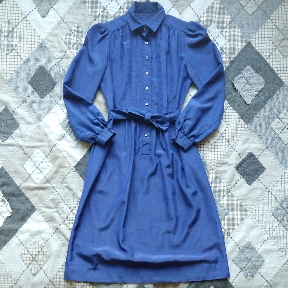 Vintage Pintucked Half-Button Office Dress